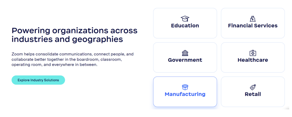 A screenshot of Zoom’s landing page. Six content categories sit on the right-hand side of the screen. 
